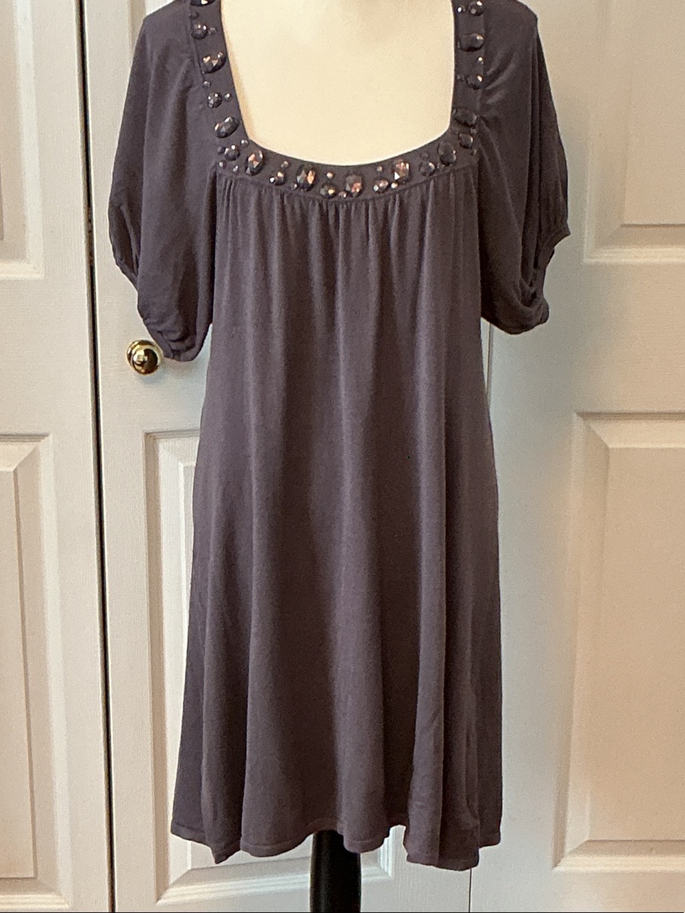 BCBGMaxAzria Charcoal Purple Embellished Square-Neck Mini Dress